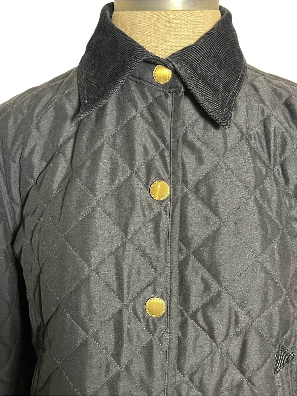 Ralph Lauren Black Quilted Barn Jacket Corduroy Collar Gold Buttons Small - Picture 3 of 13